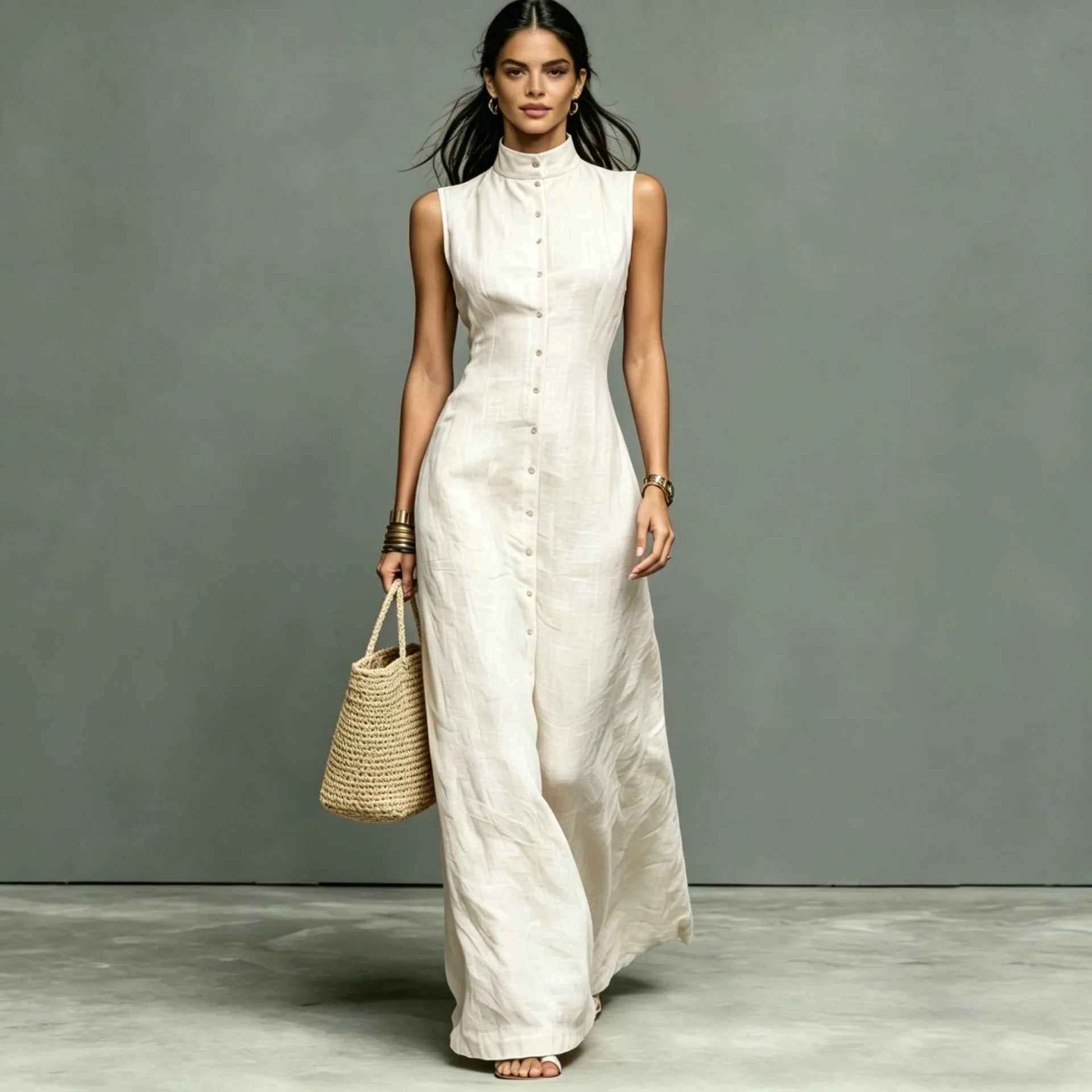 Woman 2026 Summer Elegant Sleeveless Slim Long Dress Fashion Solid Pocket Maxi Dress Stand Collar Button Down Shirt Dress