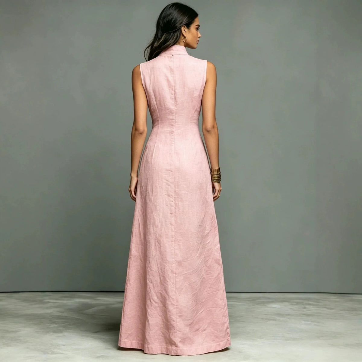 Woman 2026 Summer Elegant Sleeveless Slim Long Dress Fashion Solid Pocket Maxi Dress Stand Collar Button Down Shirt Dress