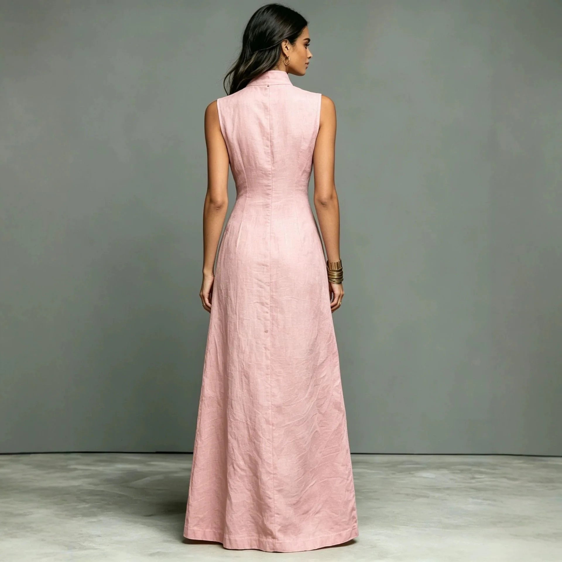 Woman 2026 Summer Elegant Sleeveless Slim Long Dress Fashion Solid Pocket Maxi Dress Stand Collar Button Down Shirt Dress