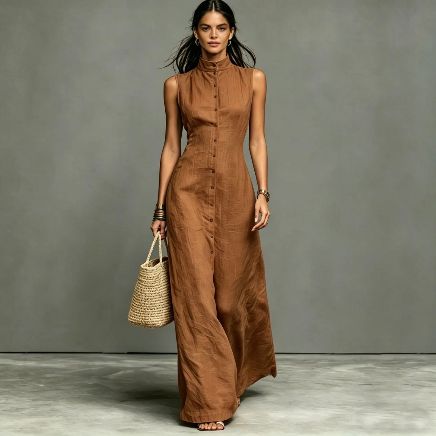 Woman 2026 Summer Elegant Sleeveless Slim Long Dress Fashion Solid Pocket Maxi Dress Stand Collar Button Down Shirt Dress