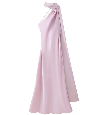 Satin Ribbon Halter Long Dresses Women's Backless Casual Maxi Dress Evening Wedding Guest White Blue Green Summer Graduation New