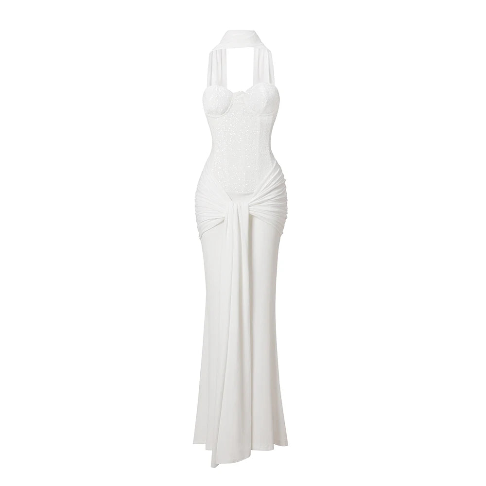 Suninheart Women's Evening Dress Luxury Elegant Velvet White Long One-piece Dress Gown Sequins Birthday Cocktail Party Dresses