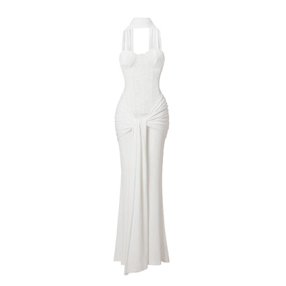 Suninheart Women's Evening Dress Luxury Elegant Velvet White Long One-piece Dress Gown Sequins Birthday Cocktail Party Dresses