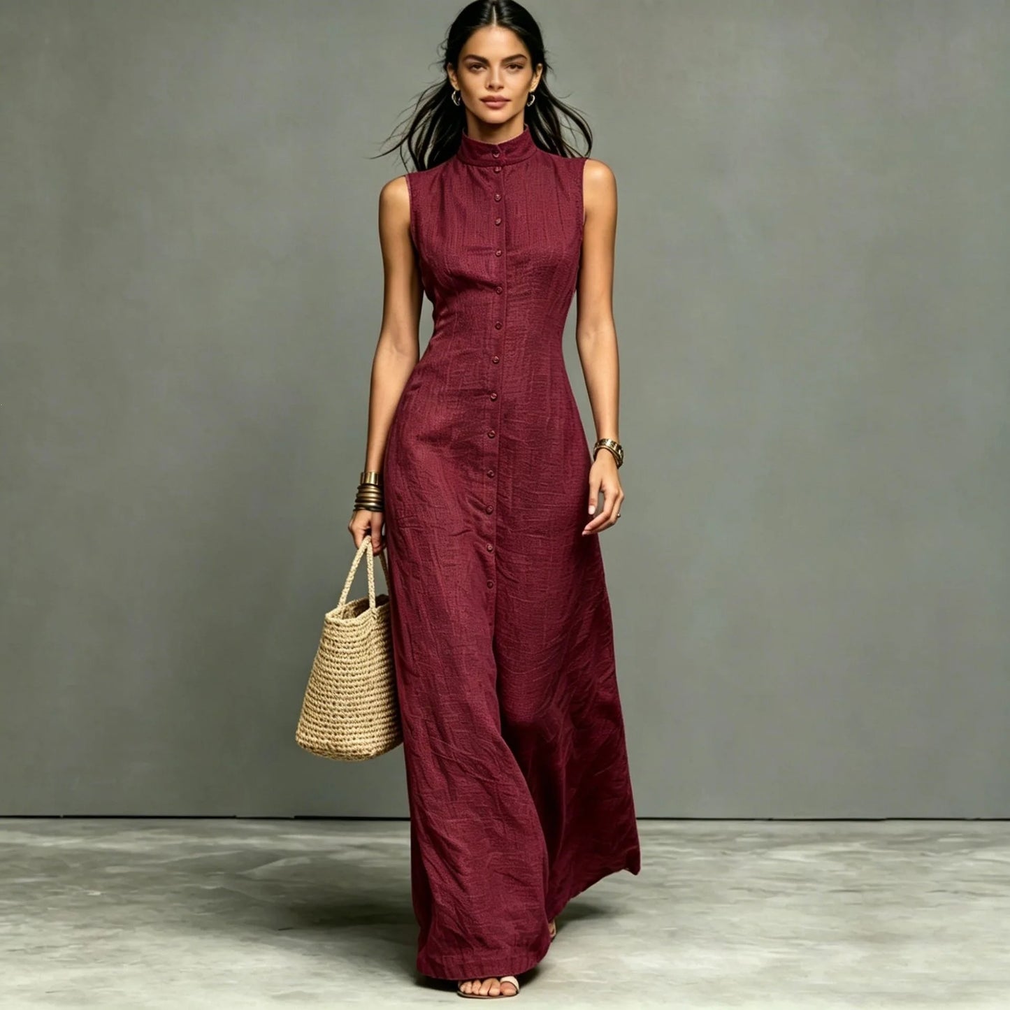 Woman 2026 Summer Elegant Sleeveless Slim Long Dress Fashion Solid Pocket Maxi Dress Stand Collar Button Down Shirt Dress