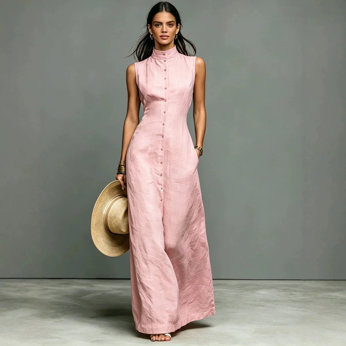 Woman 2026 Summer Elegant Sleeveless Slim Long Dress Fashion Solid Pocket Maxi Dress Stand Collar Button Down Shirt Dress