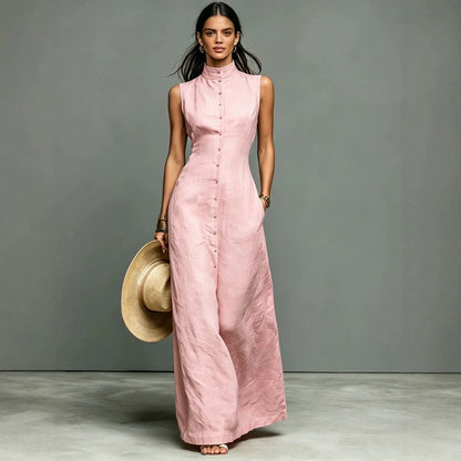 Woman 2026 Summer Elegant Sleeveless Slim Long Dress Fashion Solid Pocket Maxi Dress Stand Collar Button Down Shirt Dress