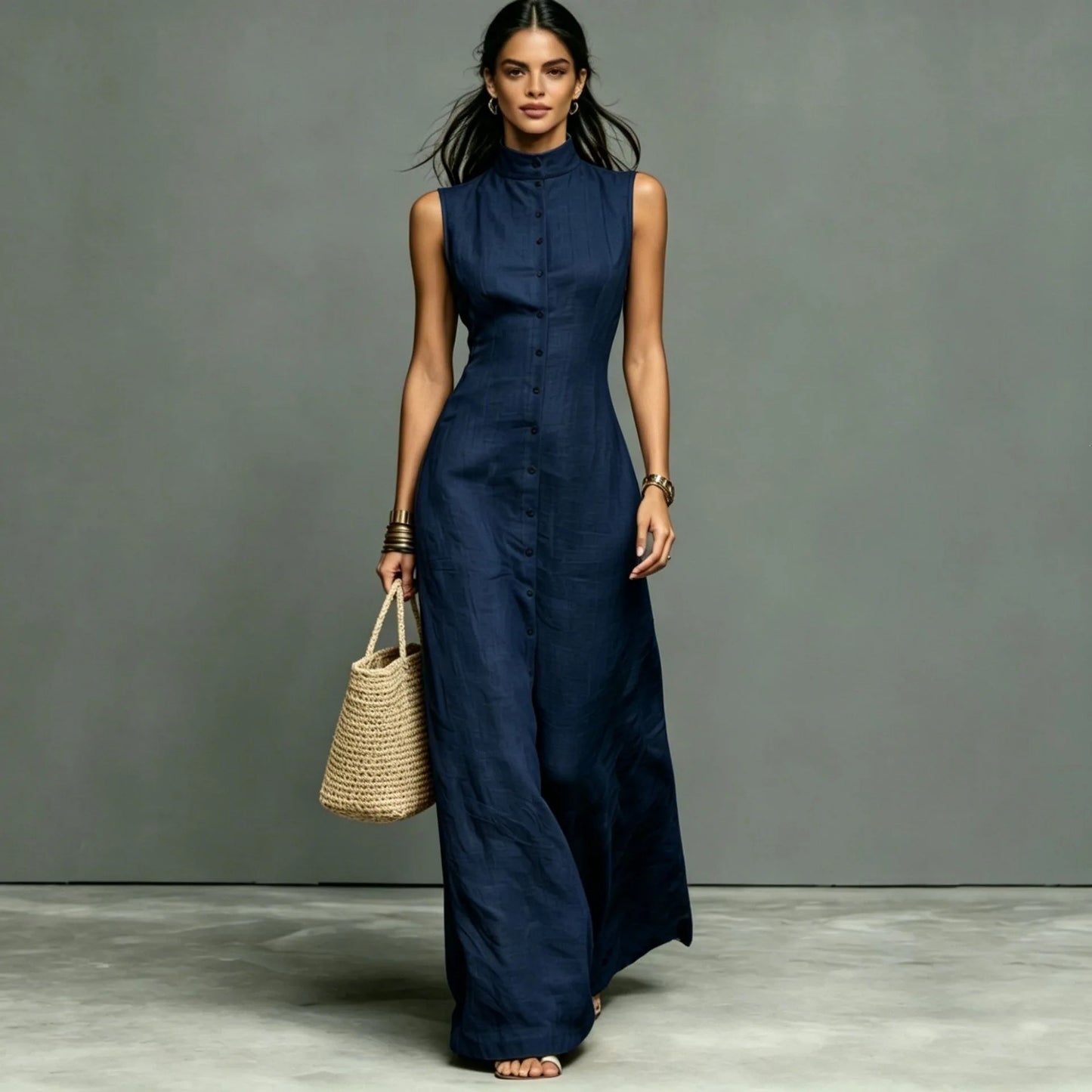 Woman 2026 Summer Elegant Sleeveless Slim Long Dress Fashion Solid Pocket Maxi Dress Stand Collar Button Down Shirt Dress