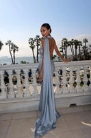 Satin Ribbon Halter Long Dresses Women's Backless Casual Maxi Dress Evening Wedding Guest White Blue Green Summer Graduation New
