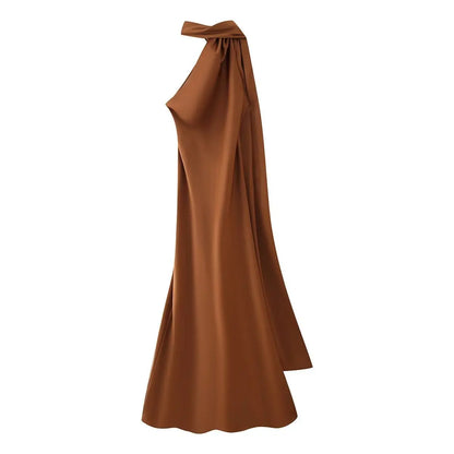 Satin Ribbon Halter Long Dresses Women's Backless Casual Maxi Dress Evening Wedding Guest White Blue Green Summer Graduation New