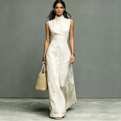 Woman 2026 Summer Elegant Sleeveless Slim Long Dress Fashion Solid Pocket Maxi Dress Stand Collar Button Down Shirt Dress