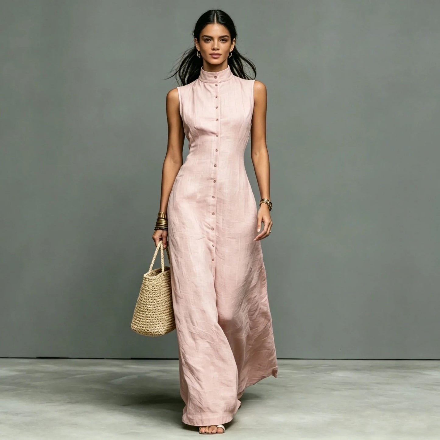 Woman 2026 Summer Elegant Sleeveless Slim Long Dress Fashion Solid Pocket Maxi Dress Stand Collar Button Down Shirt Dress