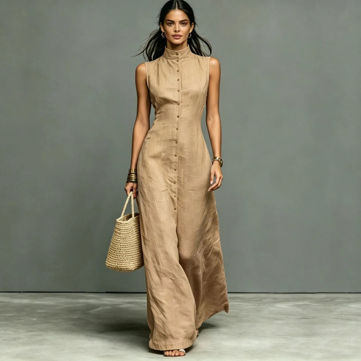 Woman 2026 Summer Elegant Sleeveless Slim Long Dress Fashion Solid Pocket Maxi Dress Stand Collar Button Down Shirt Dress