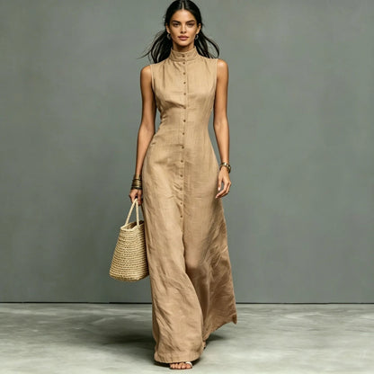 Woman 2026 Summer Elegant Sleeveless Slim Long Dress Fashion Solid Pocket Maxi Dress Stand Collar Button Down Shirt Dress