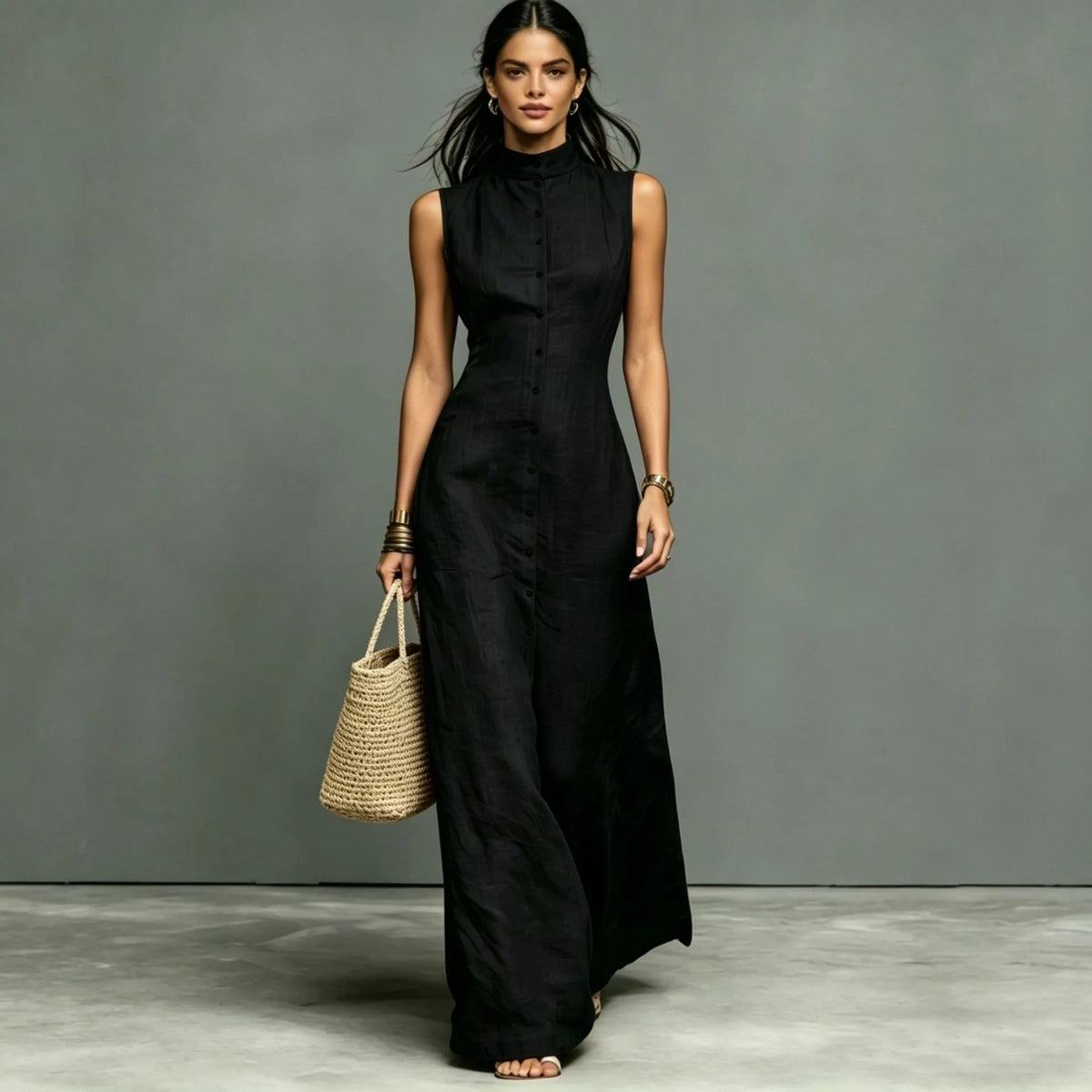 Woman 2026 Summer Elegant Sleeveless Slim Long Dress Fashion Solid Pocket Maxi Dress Stand Collar Button Down Shirt Dress