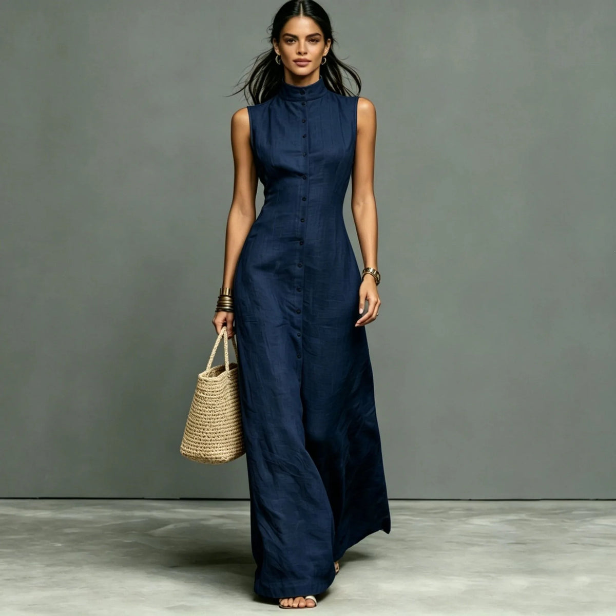 Woman 2026 Summer Elegant Sleeveless Slim Long Dress Fashion Solid Pocket Maxi Dress Stand Collar Button Down Shirt Dress