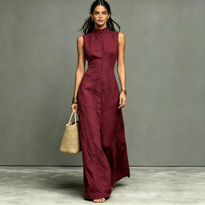 Woman 2026 Summer Elegant Sleeveless Slim Long Dress Fashion Solid Pocket Maxi Dress Stand Collar Button Down Shirt Dress